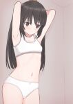  1girl armpits arms_behind_head arms_up black_eyes black_hair blush bow bow_panties bra breasts closed_mouth commentary_request cowboy_shot crotch_seam frown highres long_hair looking_to_the_side navel original panties shooko small_breasts solo standing training_bra underwear underwear_only white_bra white_panties 