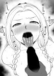  1boy 1girl absurdres blonde_hair blush braid breasts censored dungeon_meshi elf erection greyscale hetero highres imminent_fellatio kaiman_garupan large_penis long_hair looking_at_penis looking_at_viewer marcille_donato monochrome multiple_braids nude open_mouth penis penis_grab penis_on_face pointy_ears pov simple_background solo_focus steaming_body sweat white_background 