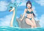  1girl absurdres bikini blue_bikini blush breasts closed_eyes cloud collarbone commentary gonnu groin highres horns lapras love_live! love_live!_sunshine!! matsuura_kanan medium_breasts music musical_note navel open_mouth pokemon pokemon_(creature) shell singing single_horn sitting sky smile solo striped_bikini striped_clothes swimsuit symbol-only_commentary 