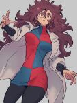  1girl android_21 breasts checkered checkered_dress dragon_ball dragon_ball_fighterz dress earrings glasses grey_background hoop_earrings jewelry kemachiku labcoat long_hair looking_at_viewer medium_breasts pantyhose red_eyes red_hair simple_background solo 