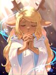  1girl amber_graygamma animal_ears antlers blonde_hair closed_eyes commentary deer_ears deltarune freckles hood hood_down interlocked_fingers light_blush long_hair noelle_holiday own_hands_clasped own_hands_together parted_lips praying reindeer_antlers reindeer_girl robe snowflakes solo upper_body white_robe 