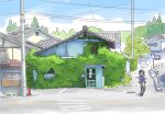  1girl bicycle black_hair blue_sky blue_vest building day house masuki original outdoors plant power_lines riding riding_bicycle scenery sign skirt sky solo traffic_barrier tree utility_pole vest vines 