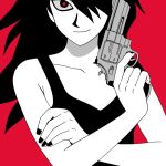  1girl collarbone commentary finger_on_trigger flat_color gun hair_over_one_eye holding holding_gun holding_weapon jadoochicken light_smile looking_at_viewer original partially_colored red_background red_eyes revolver solo tank_top upper_body weapon 