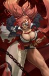 1girl angry baiken black_jacket breasts chain cleavage eyepatch guilty_gear guilty_gear_xrd highres holding holding_sword holding_weapon jacket japanese_clothes kimono long_hair looking_at_viewer pink_hair ponytail red_eyes rim_jims samurai scar scar_across_eye sword thick_thighs thighs weapon white_kimono 