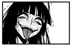  1girl ahegao bags_under_eyes blue_archive blunt_bangs byackopath_(artist) commentary_request cropped furrowed_brow greyscale houkago_play kurosaki_rendou_(style) long_hair look-alike monochrome nervous_sweating open_mouth parody portrait rolling_eyes saliva simple_background smile solo style_parody sweat textless_version tongue tongue_out trembling tsurugi_(blue_archive) 