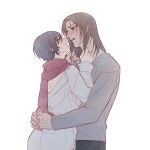  1boy 1girl black_eyes black_hair black_pants blue_eyes blush brown_hair couple ear_blush eren_yeager eye_contact g321377377 grabbing_another&#039;s_hair grey_shirt holding_another&#039;s_hair hug long_sleeves looking_at_another medium_hair mikasa_ackerman open_mouth pants red_scarf scar scar_on_cheek scar_on_face scarf shingeki_no_kyojin shirt short_hair upper_body white_background white_shirt 