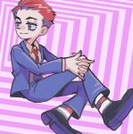  1boy animification collared_shirt gerard_way hair_slicked_back highres invisible_chair jacket looking_to_the_side male_focus mimimilook765 my_chemical_romance necktie own_hands_clasped own_hands_together red_eyes red_hair shirt short_hair sitting smile socks solo suit 