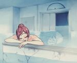  1girl against_wall animal_ears bathing behind_another byackopath byackopath_(artist) closed_eyes closed_mouth commentary_request elevator facing_viewer hair_bun indoors komiya_nikuru_(byackopath) long_neck nude onsen open_door open_mouth original partially_immersed peril refraction single_hair_bun smile sweat underwater 