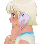  1990s_(style) 1girl blonde_hair blue_nails blue_shirt bracelet cellphone cherry dark-skinned_female dark_skin english_commentary food fruit gradient_shirt green_eyes hand_on_own_chest heart highres holding holding_phone jewelry multicolored_nails open_mouth original phone pink_nails retro_artstyle shirt short_hair signature smartphone solo surprised white_background yellow_shirt yue_(yung_n_dum_) 