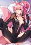  1girl animal_ear_fluff animal_ears bangs black_gloves bodysuit breasts choker cleavage closed_mouth collarbone commentary_request elbow_gloves fate/grand_order fate_(series) fox_ears fox_girl fox_tail glasses gloves highres koyanskaya_(fate) large_breasts long_hair looking_at_viewer lying on_back pillow pink_hair ponytail purple_choker smile solo spread_legs tail tamamo_(fate) thighs tsuki_tokage yellow_eyes 
