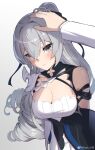  1girl absurdres black_eyes blush breasts bronya_zaychik cleavage closed_mouth dress eyebrows_visible_through_hair fool_xiaotian gradient gradient_background grey_background grey_hair hair_between_eyes hair_ribbon headpat highres honkai_(series) honkai_impact_3rd large_breasts long_hair long_sleeves looking_at_viewer ponytail ribbon shiny shiny_hair single_bare_shoulder solo_focus weibo_username white_background 