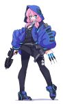  1girl arknights blue_eyes blue_poison_(arknights) crossbow dr_yamero frog_girl highres holding holding_crossbow holding_weapon hood hoodie looking_at_viewer pink_hair solo tongue tongue_out weapon white_background 