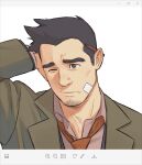  1boy ace_attorney arm_behind_head bandaid bandaid_on_cheek dick_gumshoe facial_hair goatee koji_(wildlhz) loose_necktie male_focus mature_male necktie pencil short_hair sideburns solo stubble upper_body 