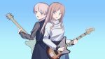  2girls absurdres bang_dream! bang_dream!_it&#039;s_mygo!!!!! bass_guitar black_dress blue_eyes blue_shirt blue_skirt blue_sky blurry blurry_foreground brown_hair chihaya_anon commentary day dress electric_guitar fang grey_eyes guitar highres holding holding_plectrum instrument long_hair long_sleeves looking_at_viewer lu_guan multiple_girls nagasaki_soyo open_mouth outdoors pink_hair playing_guitar plectrum see-through see-through_sleeves shirt skin_fang skirt sky smile upper_body 