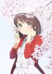  1girl beret blush branch brown_hair cherry_blossoms commentary_request dress grey_eyes hat highres jacket katou_megumi looking_at_viewer open_clothes open_jacket outdoors parted_lips red_jacket saenai_heroine_no_sodatekata short_hair smile solo tsubure_manjuu white_dress white_hat 