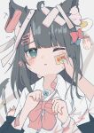  1girl :&lt; absurdres animal_ears bandages bandaid bandaid_on_head black_hair blush bow bowtie cat cat_ears collared_shirt crossed_bandaids hair_ornament hairclip highres one_eye_closed oreoreoreo original pink_bow red_bow shirt tail tearing_up tears upper_body white_shirt 