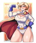  1girl absurdres blonde_hair blue_eyes blue_gloves breasts cape checkered checkered_background cocked_eyebrow cropped_legs dc_comics flexing gloves hand_on_hip highres large_breasts leotard pose power_girl red_cape sagas293 short_hair thick_thighs thighs white_leotard 