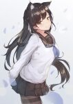  1girl animal_ears atago_(azur_lane) atago_(school_traumerei)_(azur_lane) azur_lane bangs black_hair black_legwear bow commentary_request eric_(tianqijiang) extra_ears eyebrows_visible_through_hair from_side hair_between_eyes hair_bow hair_ribbon head_tilt highres leaning_forward long_hair long_sleeves looking_at_viewer looking_to_the_side official_alternate_costume pantyhose petals pleated_skirt ribbon school_uniform serafuku sidelocks skirt smile solo white_background wind yellow_eyes 