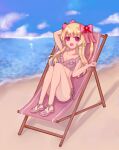  1girl alternate_costume beach bikini blonde_hair breasts chaos_marie_(grimms_notes) grimms_notes hair_ribbon highres long_hair mrsk_cetus open_mouth pink_eyes ribbon sandals solo swimsuit 