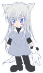  1boy animal_ears bad_link black_footwear black_shirt blue_dress blue_eyes blush_stickers cat_boy cat_ears cat_tail chibi dress full_body grey_hair holding holding_stuffed_toy layered_sleeves light_frown loveless lowres male_focus miokurumi mole mole_under_eye panda sagan_youji sailor_collar shirt sidelocks simple_background stuffed_animal stuffed_panda stuffed_toy tail teddy_bear turtleneck turtleneck_shirt white_background 