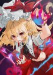  1girl ascot bangs black_ascot blonde_hair blood blood_from_mouth blood_on_face breasts clenched_teeth commentary_request commission cropped_legs crystal eyebrows_visible_through_hair fingernails flandre_scarlet gotou_(nekocat) hair_between_eyes hat hat_ribbon highres laevatein_(touhou) looking_at_viewer medium_hair midriff mob_cap nail_polish pointy_ears puffy_short_sleeves puffy_sleeves red_eyes red_nails red_skirt red_vest ribbon sharp_fingernails short_sleeves side_ponytail sidelocks skeb_commission skirt slit_pupils small_breasts solo teeth touhou vest wings wrist_cuffs 