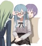  3girls absurdres adjusting_eyewear bang_dream! bang_dream!_it&#039;s_mygo!!!!! black_ribbon black_shirt black_skirt blue_hair closed_mouth commentary fake_facial_hair fake_mustache glasses green_hair green_ribbon groucho_glasses hair_ribbon hands_on_lap hashtag-only_commentary highres laughing long_hair long_sleeves lu_guan multiple_girls open_mouth plaid plaid_skirt purple_eyes red_eyes ribbon school_uniform shirt simple_background sitting skirt smile togawa_sakiko tsukinomori_school_uniform two_side_up wakaba_mutsumi white_background white_shirt yuutenji_nyamu 