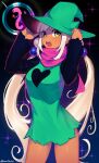  1girl alternate_costume blonde_hair breasts commentary cosplay dark-skinned_female dark_skin deltarune dress green_dress hat highres holding holding_clothes holding_hat hololive hololive_english long_hair looking_at_viewer ralsei ralsei_(cosplay) simple_background solo star_(sky) susie_(deltarune) susie_(deltarune)_(cosplay) thighs tsukumo_sana virtual_youtuber witch_hat yatagarasu_(tsukumo_sana) yellow_eyes yoako 