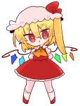  1girl :t ascot blonde_hair bow crystal flandre_scarlet frills hat hat_ribbon highres medium_hair mob_cap one_side_up op_na_yarou puffy_short_sleeves puffy_sleeves red_bow red_eyes red_ribbon red_skirt red_vest ribbon shirt short_sleeves simple_background skirt solo touhou vest white_background white_shirt wings yellow_ascot 