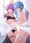  2girls alternate_costume ass bare_shoulders blue_eyes blue_hair blush bow bra breasts choker comiket_101 curtain_grab curtains demon_girl demon_horns demon_wings ear_piercing english_text fanbook frills green_eyes hair_between_eyes hair_ornament hairclip highres hololive horns hoshimachi_suisei leg_tattoo lingerie long_hair looking_at_viewer multicolored_hair multiple_girls navel panties parted_lips piercing pink_hair pointy_ears puffy_sleeves purple_hair sanada_keisui short_hair short_sleeves side_ponytail small_breasts star_(symbol) star_in_eye symbol_in_eye tail tattoo textless_version thigh_strap thighs tokoyami_towa underwear virtual_youtuber wings 