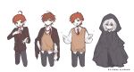 1other 3boys ahoge androgynous black_cloak black_hood blazer blush brown_eyes brown_jacket brown_sleeves brown_vest character_request chinese_text clenched_hands cloak closed_mouth collared_shirt commentary_request cropped_legs danganronpa_(series) dated_commentary dual_persona expressionless eyelashes grey_pants hand_on_own_chest highres hood hood_up hooded_cloak jacket jacket_on_shoulders lapels layered_sleeves light_frown long_sleeves looking_at_viewer maeda_yuki messy_hair motion_lines multiple_boys necktie nervous_smile notched_lapels open_mouth orange_hair outstretched_hand pants red_necktie shaded_face shirt short_hair simple_background smile spoilers super_danganronpa_another_2 sweatdrop sweater_vest translation_request undone_necktie utsuro_(danganronpa_another) uyu_(pixiv_92484260) v-neck vest white_background white_hair white_shirt 