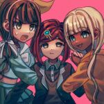  3girls :d arm_hug bangs black_hair black_jacket black_shirt blonde_hair blue_shirt blunt_bangs brown_eyes brown_hair chabashira_tenko collared_shirt danganronpa_(series) danganronpa_v3:_killing_harmony dress_shirt esu_(tasoesu) eyebrows_visible_through_hair gem grey_shirt hair_intakes hair_ornament hair_ribbon hairband highres jacket layered_skirt long_hair midriff mole mole_under_mouth multiple_girls open_clothes open_jacket open_mouth orange_jacket pink_background pink_hairband pleated_skirt red_eyes red_hair ribbon school_uniform serafuku shiny shiny_hair shirt short_hair simple_background skirt smile twintails two-tone_shirt v-shaped_eyebrows yonaga_angie yumeno_himiko 