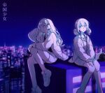  2girls azusawa_kohane bumgae city_lights cityscape hair_ornament hairclip headphones highres jacket long_sleeves multiple_girls parted_lips project_sekai shiraishi_an short_twintails star_(symbol) star_hair_ornament teikoku_shoujo_(vocaloid) twintails 