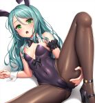  1girl animal_ears ankle_strap aqua_hair arm_garter arm_support bang_dream! bangs bare_shoulders black_bow black_bowtie black_footwear blush bow bowtie breasts brown_legwear cameltoe commentary covered_navel detached_collar eyebrows_visible_through_hair fake_animal_ears fingernails green_eyes groin hair_between_eyes hand_on_own_thigh high_heels highres hikawa_sayo knee_up lambda_(kusowarota) leotard long_hair looking_at_viewer lying on_side open_mouth pantyhose playboy_bunny purple_leotard rabbit_ears shadow sidelocks simple_background small_breasts solo spread_legs strapless strapless_leotard strappy_heels swept_bangs wavy_hair white_background wrist_cuffs 