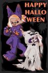  1boy 1girl black_background claw_pose claws fangs furamii ghost_costume happy_halloween inkling inkling_boy inkling_girl inkling_player_character orange_eyes orange_hair pointy_ears purple_hair short_hair splatoon_(series) standing torn_clothes torn_sleeves werewolf_costume 