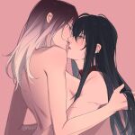  2girls black_hair breasts chinese_commentary collar commentary_request earclip eye_contact film_grain gradient_hair grey_eyes highres imminent_kiss looking_at_another medium_breasts miix777 multicolored_hair multiple_girls nude parted_lips path_to_nowhere pink_background purple_hair rahu_(path_to_nowhere) scar scar_across_eye scar_on_arm shalom_(path_to_nowhere) sitting sitting_on_lap sitting_on_person twitter_username upper_body white_hair yuri 