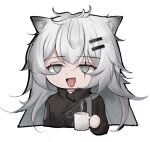  1girl :d animal_ear_fluff animal_ears arknights black_jacket chibi commentary_request cropped_torso cup empty_eyes eroborne grey_eyes grey_hair hair_between_eyes hair_ornament hairclip holding holding_cup jacket lappland_(arknights) long_hair long_sleeves mug scar scar_across_eye simple_background smile solo steam upper_body white_background 