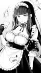  1girl absurdres alternate_costume apron blue_archive blush breasts cleavage collarbone dress enmaided frilled_apron frills gloves greyscale halo highres holding holding_paper large_breasts long_hair looking_at_viewer maid maid_apron maid_headdress monochrome open_mouth paper saori_(blue_archive) solo speech_bubble translation_request yunamaro 