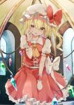  1girl ascot bangs blonde_hair blurry blurry_background blush bow collarbone commentary corset crystal drill_hair eyebrows_visible_through_hair feet_out_of_frame flandre_scarlet hair_between_eyes hand_on_own_cheek hand_on_own_face hand_up hat hat_bow head_tilt highres indoors iyo_(ya_na_kanji) light_particles looking_at_viewer mob_cap one_side_up parted_lips petticoat puffy_short_sleeves puffy_sleeves red_bow red_eyes red_skirt red_vest short_hair short_sleeves skirt smile solo standing touhou vest white_bow white_headwear window wing_collar wings wrist_cuffs yellow_ascot 