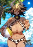  1girl absurdres animal_ears animal_print ball bare_shoulders beachball bell bikini black_hair blonde_hair blue_sky blush brown_eyes cathyl cloud coconut_tree collar commission cow_ears cow_horns cow_print english_text grin highres horns looking_at_viewer monster_musume_no_iru_nichijou mouth_hold multicolored_hair navel neck_bell nikuatsu_magician_shinbo one_eye_closed outstretched_arm palm_tree reaching reaching_towards_viewer short_hair sky smile solo stalk_in_mouth swimsuit tree two-tone_hair 
