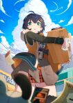  1girl absurdres aircraft airplane black_hair blue_sky blurry box cardboard_box character_request cloud cumulonimbus_cloud day depth_of_field from_below green_eyes highres holding holding_box jacket long_sleeves open_clothes open_jacket open_mouth orange_jacket orange_shirt outdoors shirt skadi_(user_eecu2455) sky solo zenless_zone_zero 