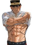  1boy abs absurdres bara black_hair black_pants clothes_lift golden_kamuy hat highres large_pectorals male_focus military_hat muscular muscular_male navel nipples pants pectorals revision scar scar_on_arm scar_on_cheek scar_on_chest scar_on_face scar_on_mouth scar_on_nose shirt shirt_lift short_hair simple_background solo sugimoto_saichi ton_(ton19130318) wet wet_clothes wet_face wet_shirt white_background white_shirt 