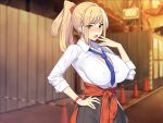  1girl black_skirt blonde_hair blue_necktie blurry blurry_background blush breasts brown_eyes clothes_around_waist covered_nipples evening gyaru hand_on_own_hip hand_to_own_mouth huge_breasts jacket kogal long_hair long_sleeves looking_at_viewer munashi_mujou necktie open_mouth original outdoors ponytail red_sweater road shirt sidelocks skirt solo standing street sweater sweater_around_waist traffic_cone white_shirt 