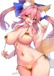  1girl :d absurdres alternate_costume animal_ear_fluff animal_ears areola_slip bare_shoulders bikini blush bow breasts cleavage cowboy_shot fang fate/extra fate_(series) fox_ears fox_girl fox_shadow_puppet fox_tail gold_bikini groin hair_between_eyes hair_bow hair_ribbon highres large_breasts long_hair looking_at_viewer micro_bikini navel open_mouth pink_hair ribbon sidelocks simple_background smile solo string_bikini swimsuit tail tamamo_(fate) tamamo_no_mae_(fate/extra) twintails white_background wisespeak yellow_eyes 