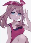  1girl absurdres asatte_3z bare_shoulders blue_eyes bow brown_hair closed_mouth hair_bow highres looking_at_viewer may_(pokemon) pokemon pokemon_oras red_bow red_shirt shirt sleeveless sleeveless_shirt smile solo waving white_background 