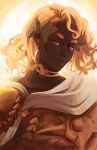  1boy anditiucs apollo_(hades) armor blonde_hair brown_eyes choker dark-skinned_male dark_skin earrings hades_(series) hades_2 hair_ornament highres jewelry looking_at_viewer male_focus medium_hair portrait signature smile solo white_choker yellow_background 