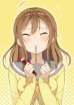  1girl blush brown_hair cardigan clenched_hands closed_eyes commentary_request food food_in_mouth grey_sailor_collar highres kunikida_hanamaru love_live! love_live!_sunshine!! medium_hair pocky pocky_in_mouth sailor_collar solo tsubure_manjuu upper_body yellow_cardigan 