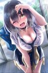  1girl azur_lane baltimore_(after-school_ace)_(azur_lane) baltimore_(azur_lane) bangs black_hair black_necktie black_skirt blush breasts choker cleavage clothes_around_waist collarbone collared_shirt commentary_request ken_ill large_breasts looking_at_viewer loose_necktie necktie official_alternate_costume one_eye_closed open_mouth shirt short_hair short_sleeves skirt smile tied_sweater wet white_shirt yellow_eyes 