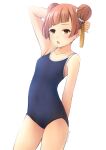  1girl arm_behind_back arm_up bare_legs blue_one-piece_swimsuit brown_eyes collarbone competition_school_swimsuit double_bun hair_bun hair_ornament highres laufen_(sousou_no_frieren) light_brown_hair one-piece_swimsuit open_mouth school_swimsuit shibacha short_hair simple_background solo sousou_no_frieren swimsuit tassel tassel_hair_ornament white_background 