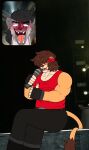  absurd_res anthro blush clothing duo fan_screaming_at_madison_beer_performance felid gesture hand_gesture hanzo_(hanzo_matsumoto) hanzo_matsumoto happy hi_res holy_gunner hyena lion male male/male mammal pantherine shirt singing sitting tank_top thumbs_up topwear 
