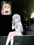  2girls bereal blue_eyes blue_hair blue_necktie buttons commentary copyright_name crossed_legs dot_nose double-breasted drawfag dress drum drum_set english_commentary english_text fake_screenshot fan_screaming_at_madison_beer_(meme) feet_out_of_frame flower gochuumon_wa_usagi_desu_ka? hair_flower hair_ornament hairclip hand_on_lap head_only highres holding holding_microphone hoto_cocoa inset instrument kafuu_chino kafuu_chino&#039;s_school_uniform light_blue_hair long_hair looking_afar looking_ahead looking_at_another looking_at_viewer man_face medium_hair meme microphone multiple_girls music necktie open_mouth orange_hair photo_background puffy_short_sleeves puffy_sleeves purple_eyes sailor_collar school_uniform shirt short_sleeves sidelocks singing sitting socks solo_focus stage stage_lights summer_uniform teeth third-party_source white_dress white_shirt white_socks white_theme x_hair_ornament 